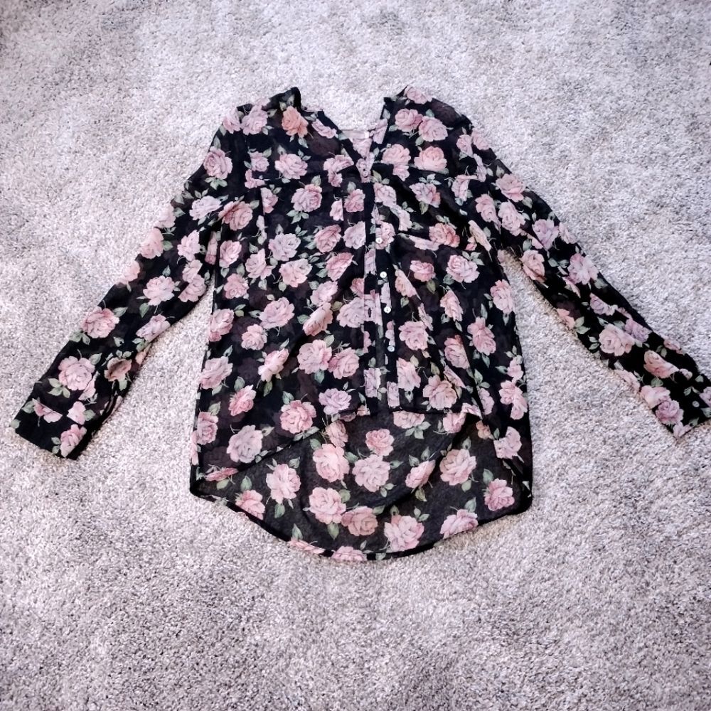 Forever 21 High Low Button Front Floral Black and Pink Sheer Top Sz S